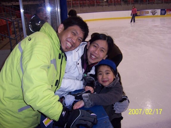 Early love on the ice: Me at age six on an ice skating rink, posing with my parents. 